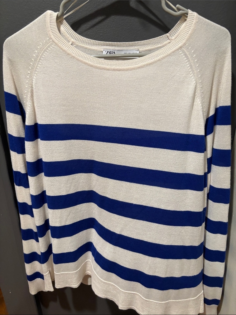 Zara Cream & Bright Blue Striped Crew Neck light weight Sweater